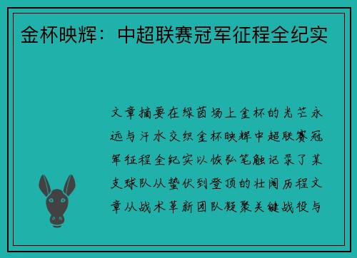 金杯映辉：中超联赛冠军征程全纪实
